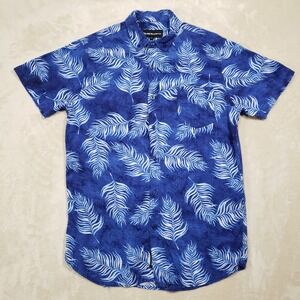 Molokai Surf Co. Button Up Shirt Mens Medium Blue Palm Leaf Rayon Hawaiian Aloha
